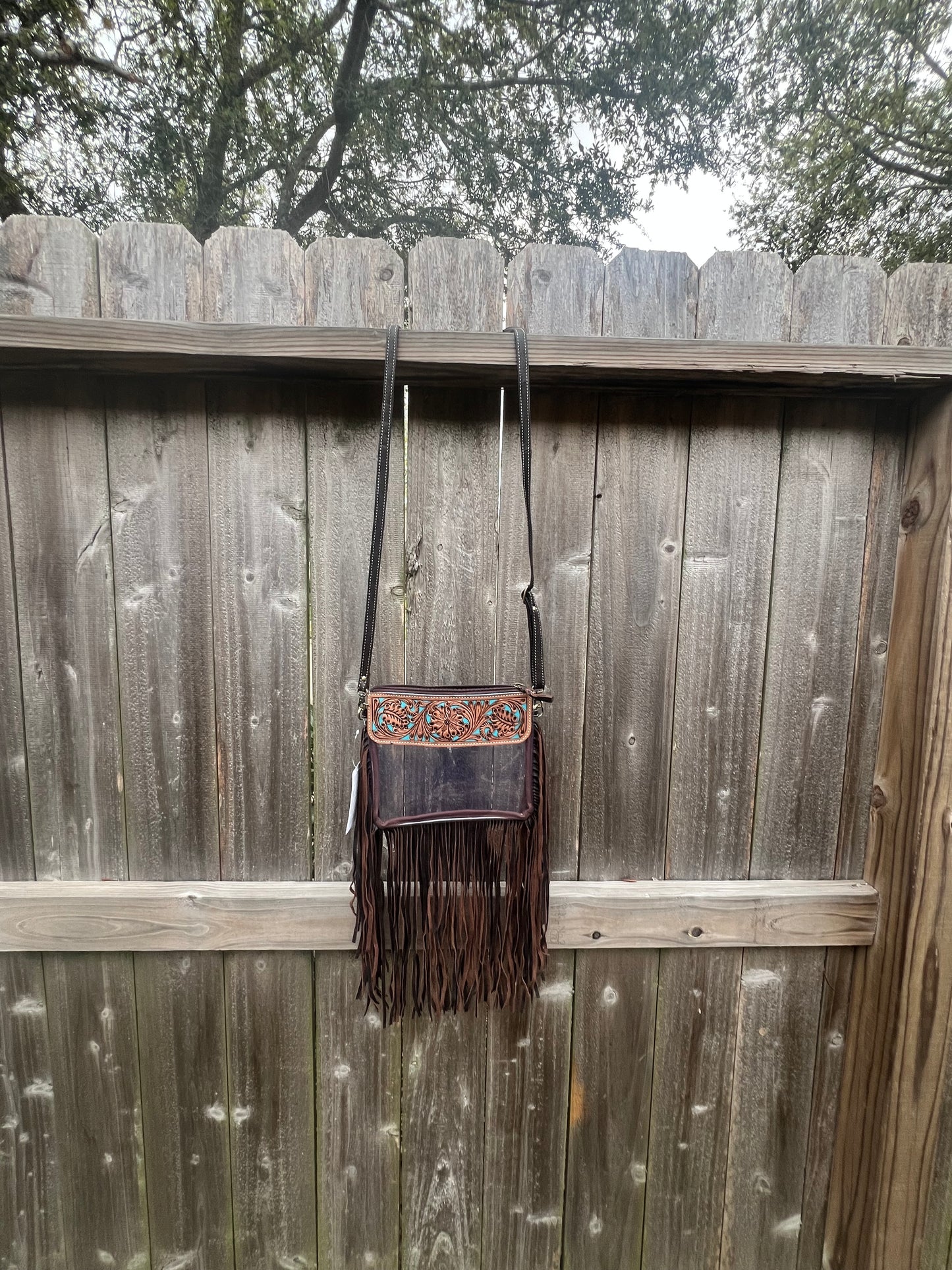 Hand Tooled Clear Purse Crossbody - Concert Game Day Stadium: BROWN/ TURQUOISE