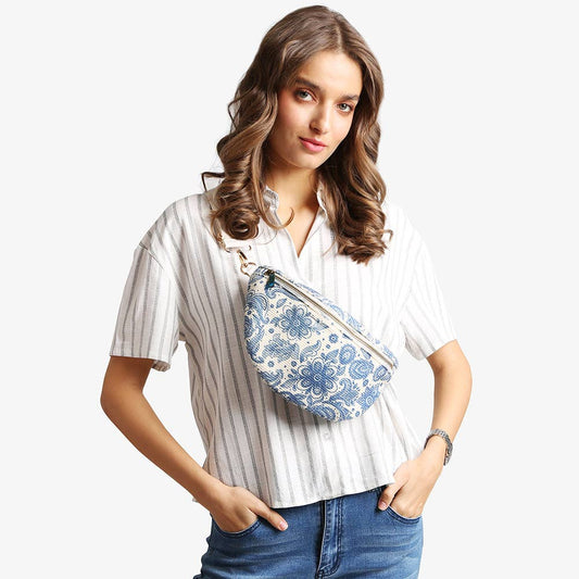 Boho Abstract Embroidered Crossbody Belt Bag / Fanny Pack: Blue