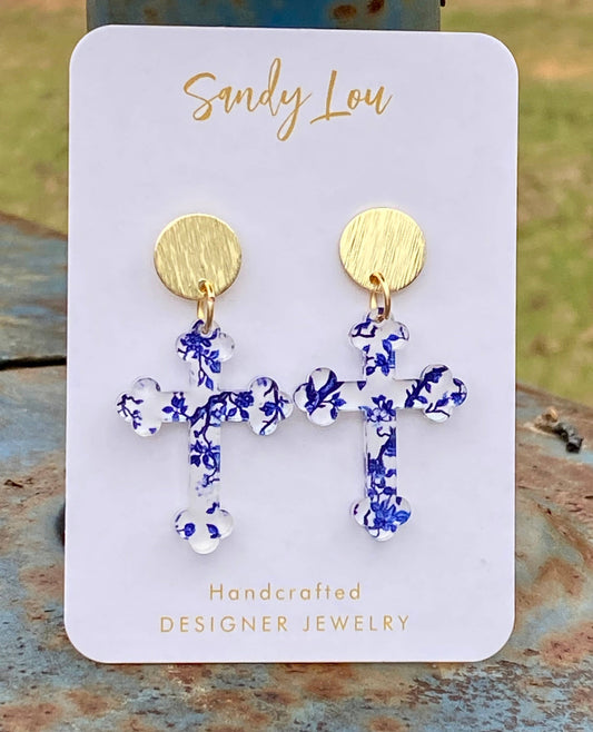 Blue & White Floral Cross Earrings