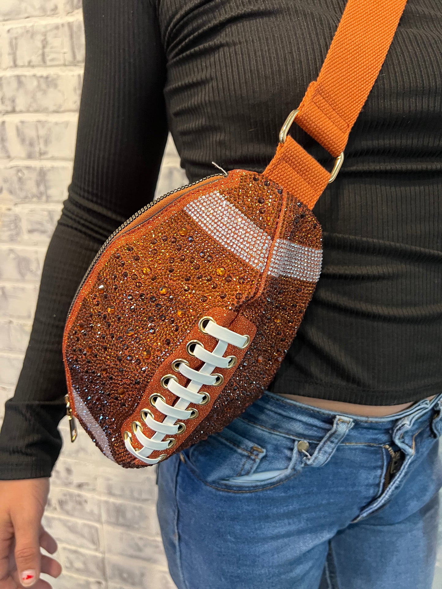 Bling Studded Game Day Football Shape Fanny Pack / Sling Bag: Brown
