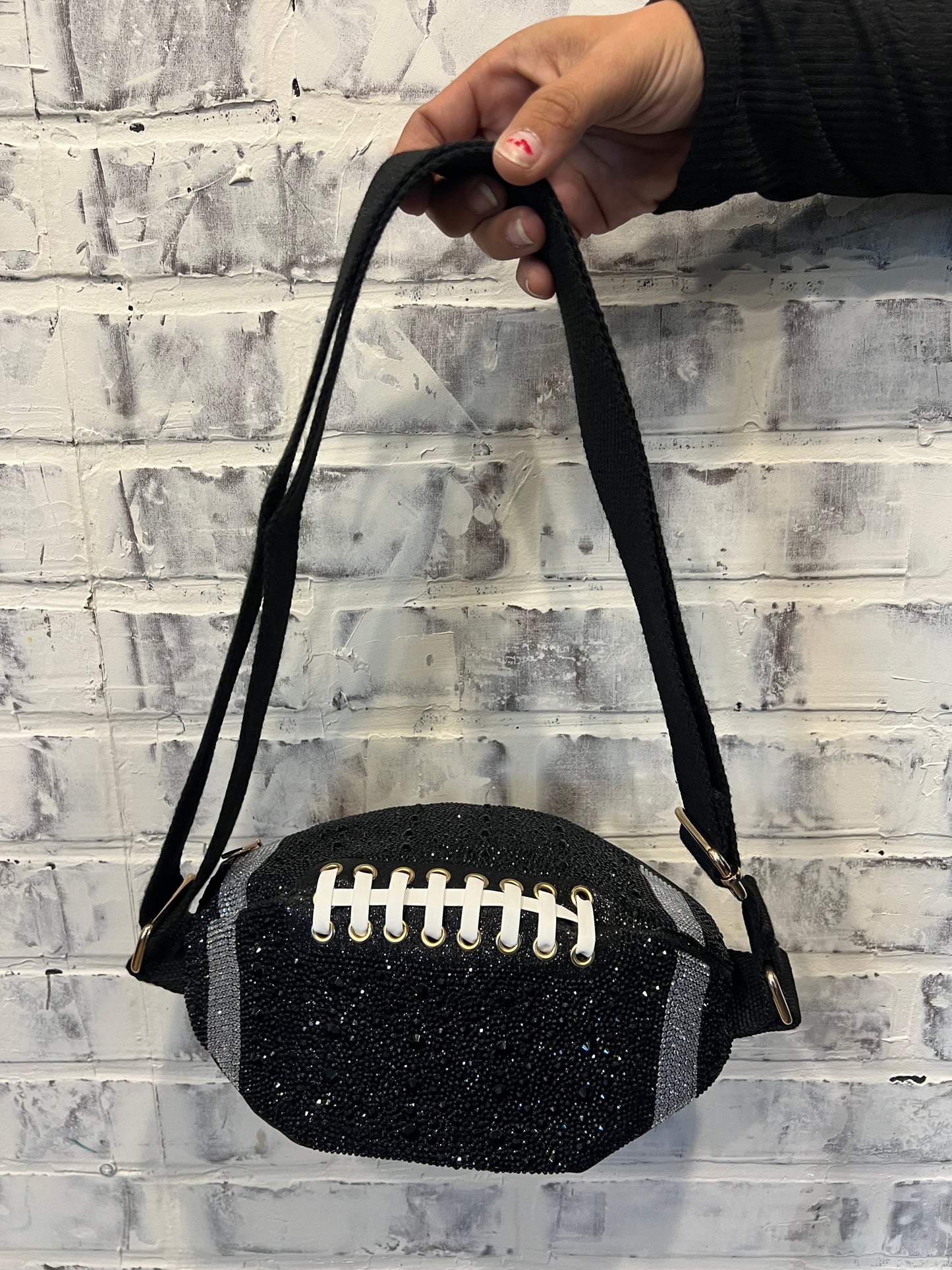 Bling Studded Game Day Football Shape Fanny Pack / Sling Bag: Black