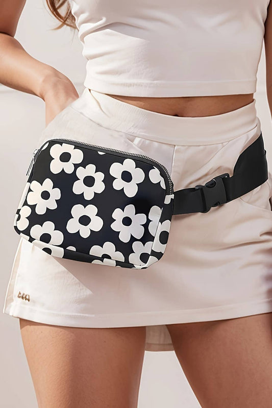 Flower Pattern Zipper Cross Body Bag: Black / ONE SIZE