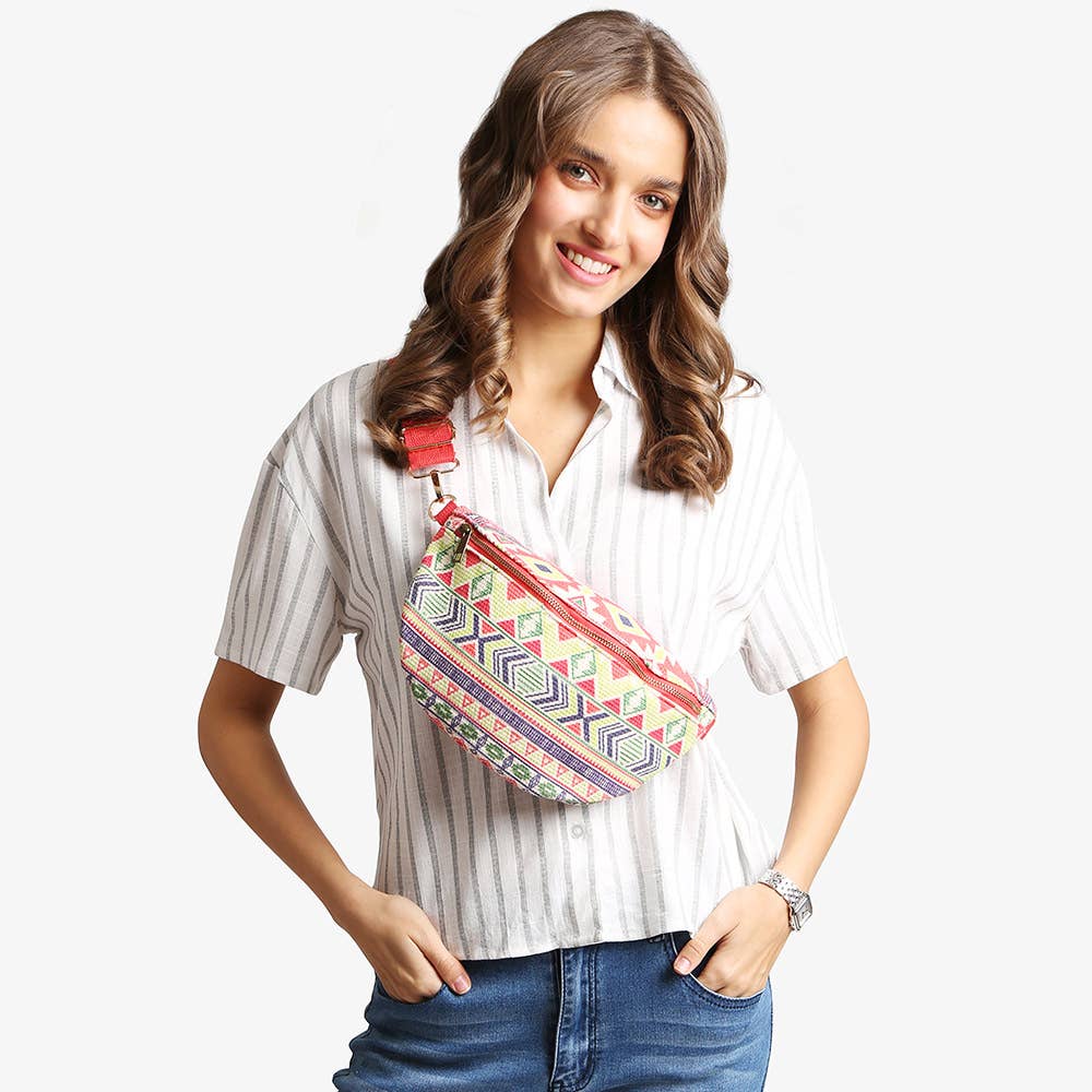Boho Abstract Embroidered Crossbody Belt Bag / Fanny Pack: Blue