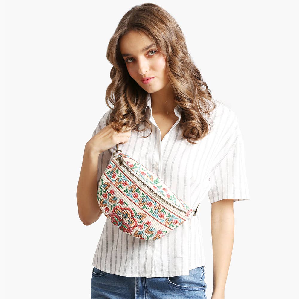 Boho Abstract Embroidered Crossbody Belt Bag / Fanny Pack: Blue