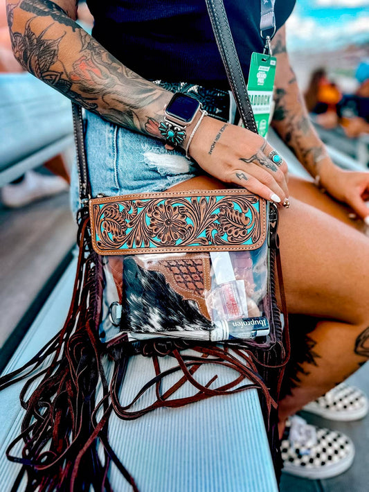 Hand Tooled Clear Purse Crossbody - Concert Game Day Stadium: BROWN/ TURQUOISE