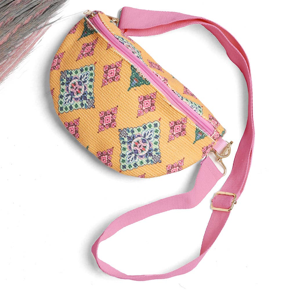 Boho Abstract Embroidered Crossbody Belt Bag / Fanny Pack: Blue