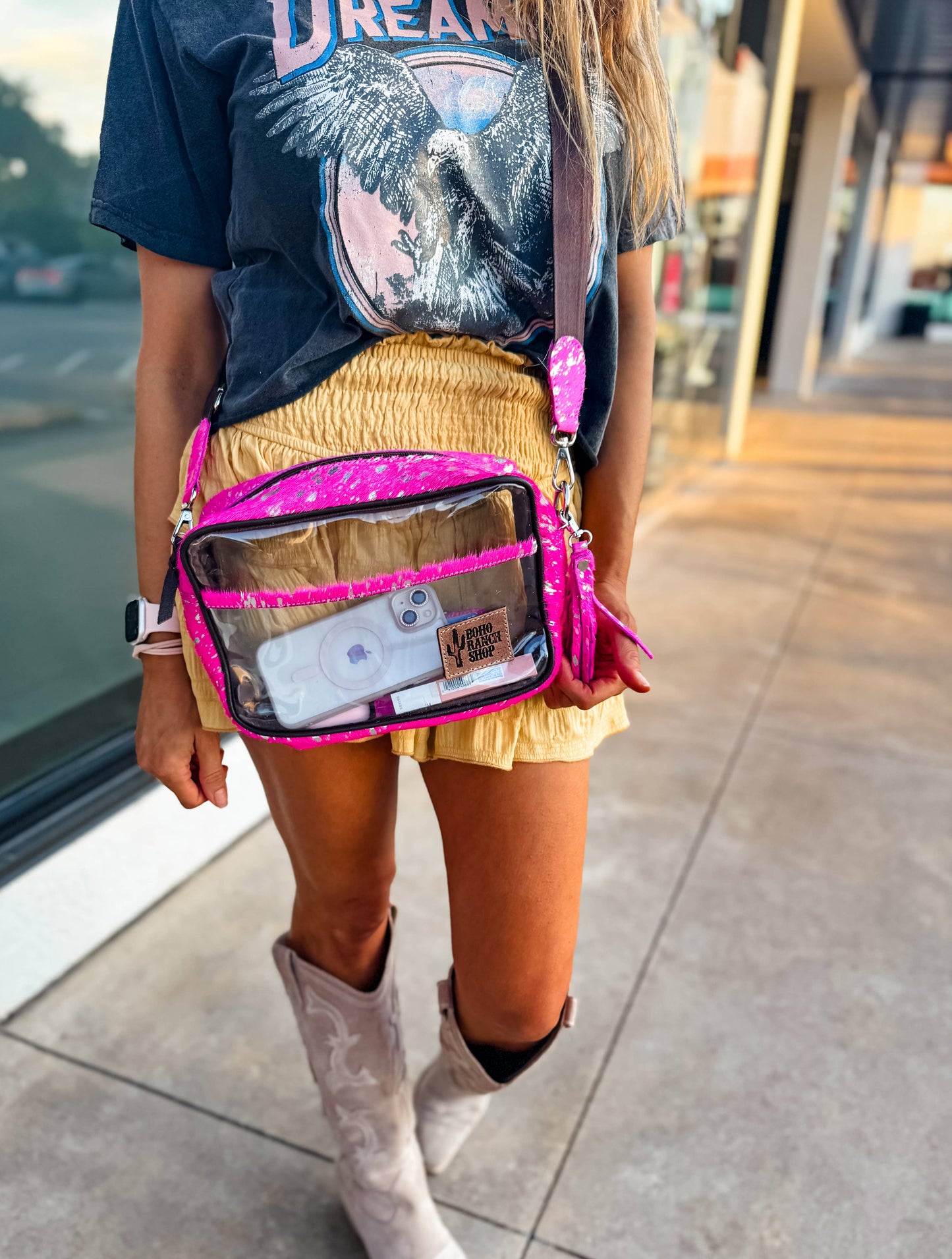 PRISCILLA CLEAR cowhide crossbody purse bag concert festival: PINK + SILVER