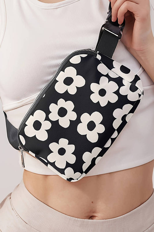 Flower Pattern Zipper Cross Body Bag: Black / ONE SIZE