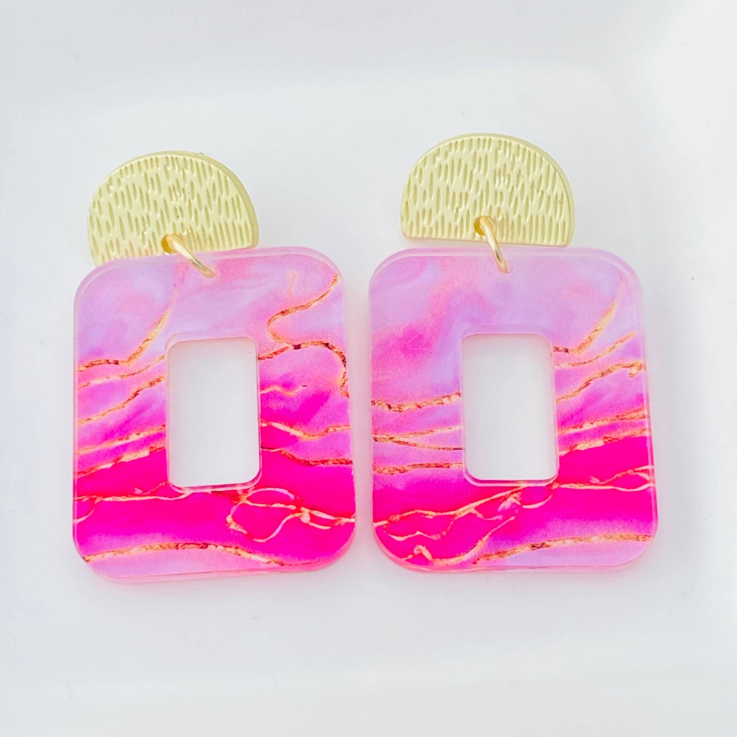 Spring Blush Marble Statement Earrings – Pink & Gold Acrylic