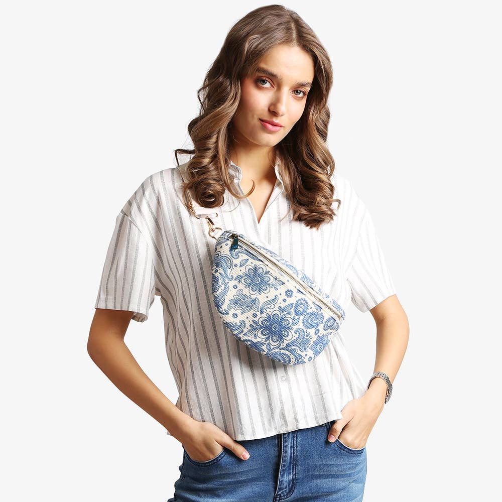 Boho Abstract Embroidered Crossbody Belt Bag / Fanny Pack: Blue