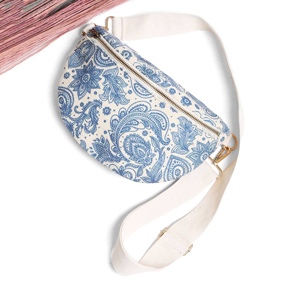 Boho Abstract Embroidered Crossbody Belt Bag / Fanny Pack: Blue