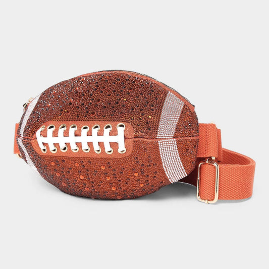 Bling Studded Game Day Football Shape Fanny Pack / Sling Bag: Brown