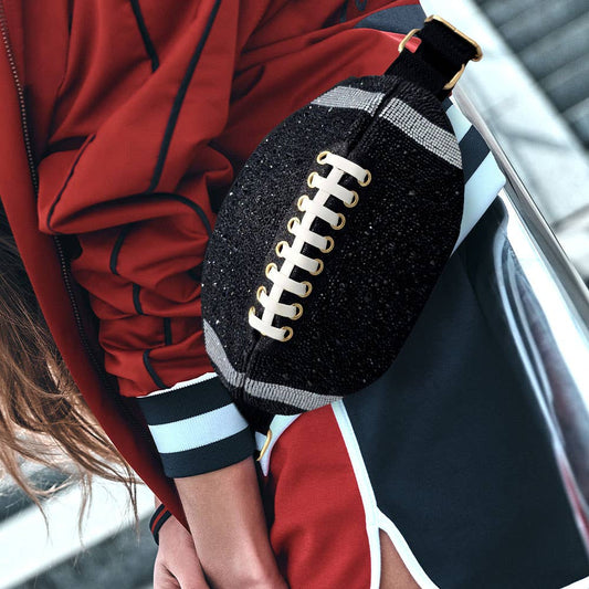 Bling Studded Game Day Football Shape Fanny Pack / Sling Bag: Black