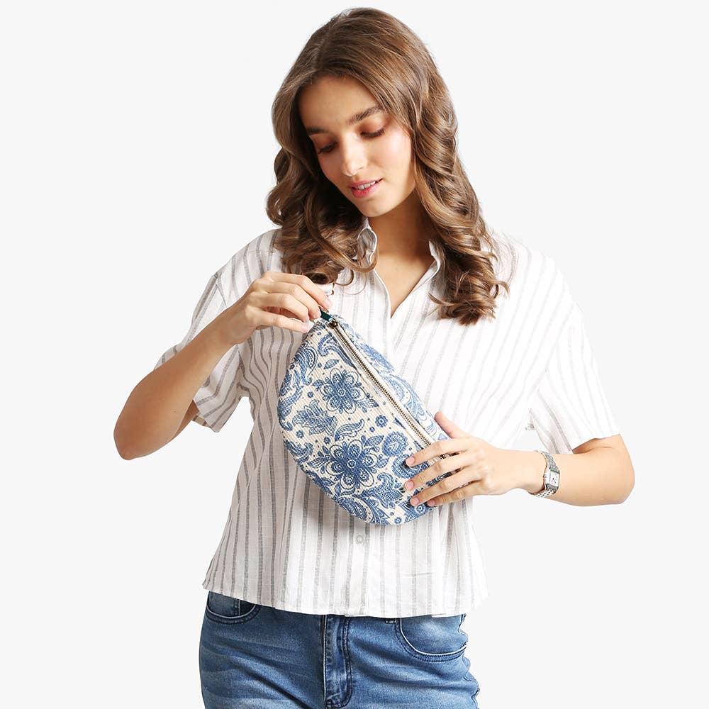 Boho Abstract Embroidered Crossbody Belt Bag / Fanny Pack: Blue