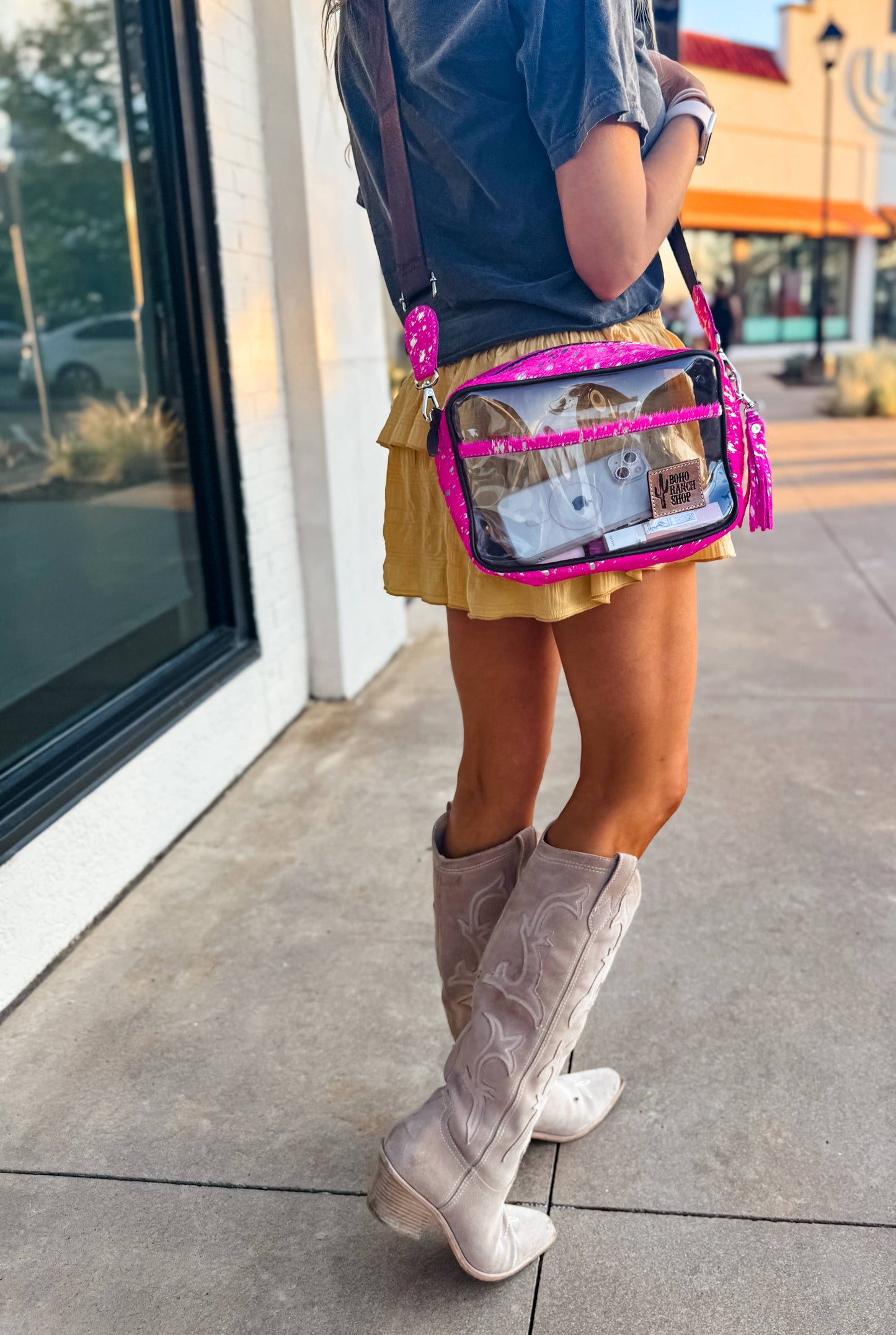 PRISCILLA CLEAR cowhide crossbody purse bag concert festival: PINK + SILVER