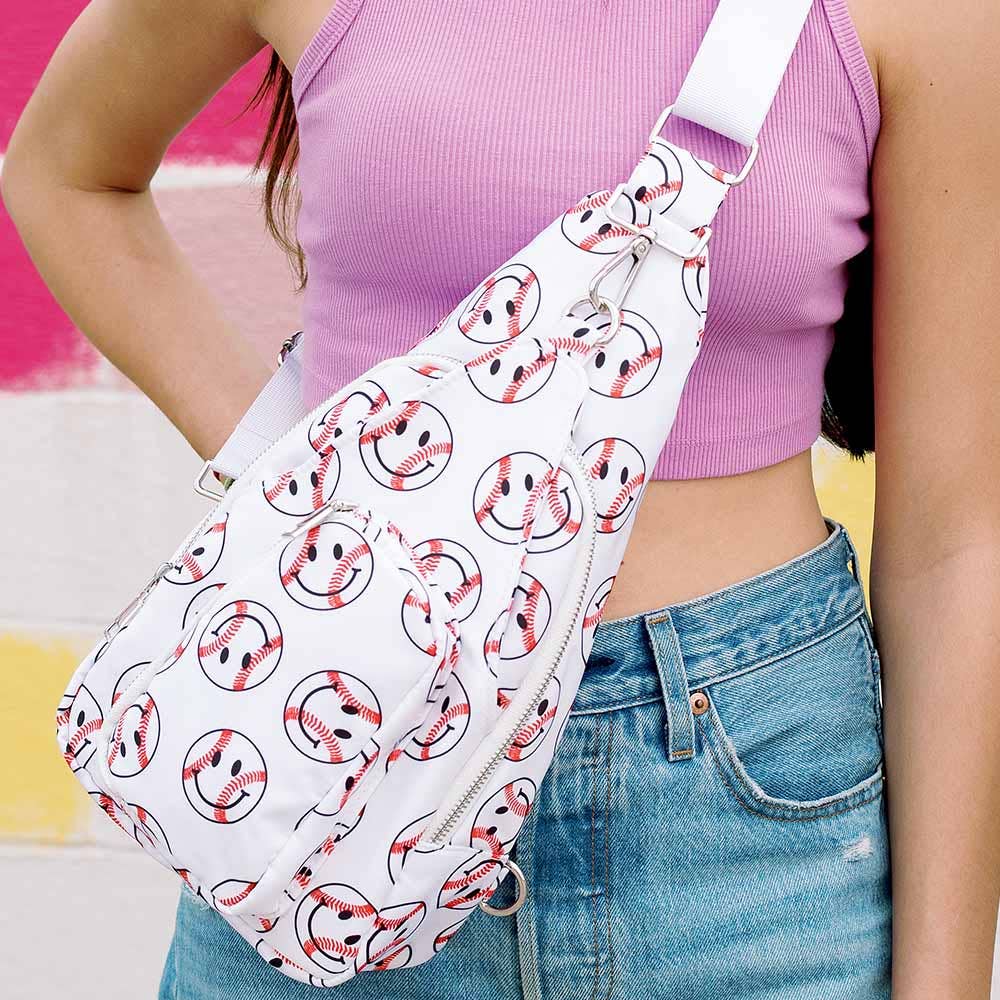 Baseball Happy Face Sling Bag Crossbody: White