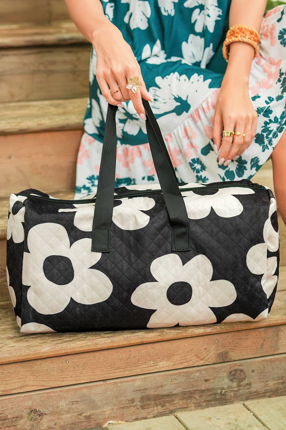 Flower Print Quilted Large Duffel Bag: As shown / Missy / Standard