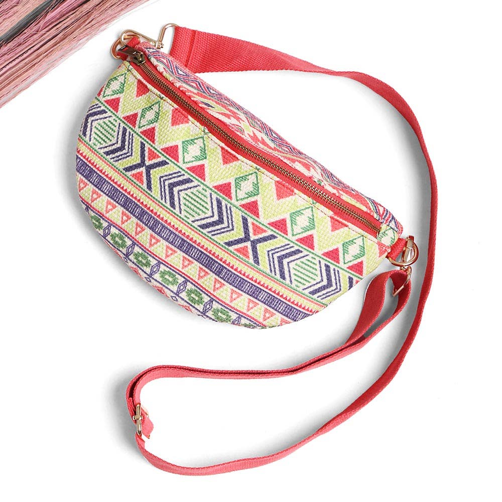 Boho Abstract Embroidered Crossbody Belt Bag / Fanny Pack: Blue