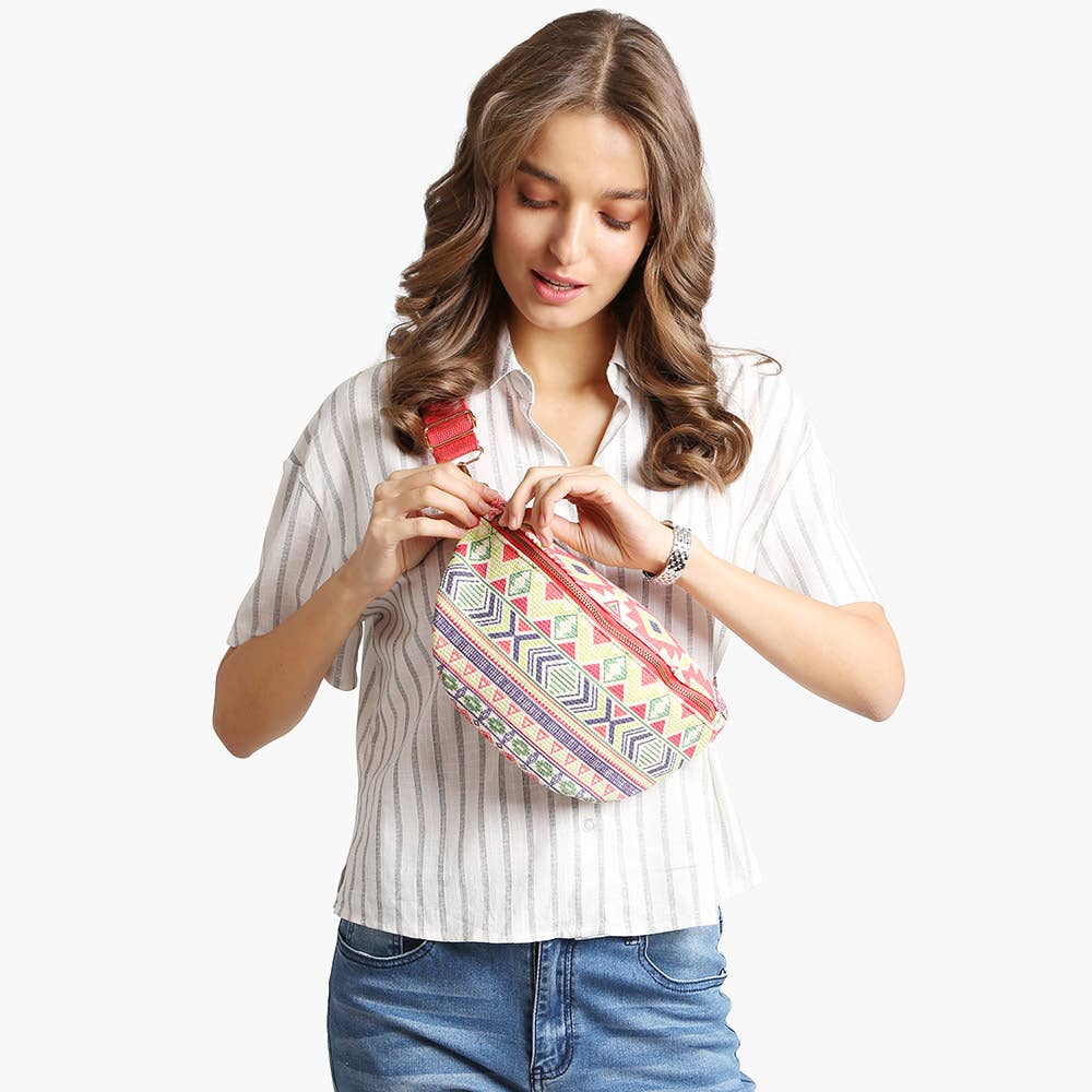 Boho Abstract Embroidered Crossbody Belt Bag / Fanny Pack: Blue