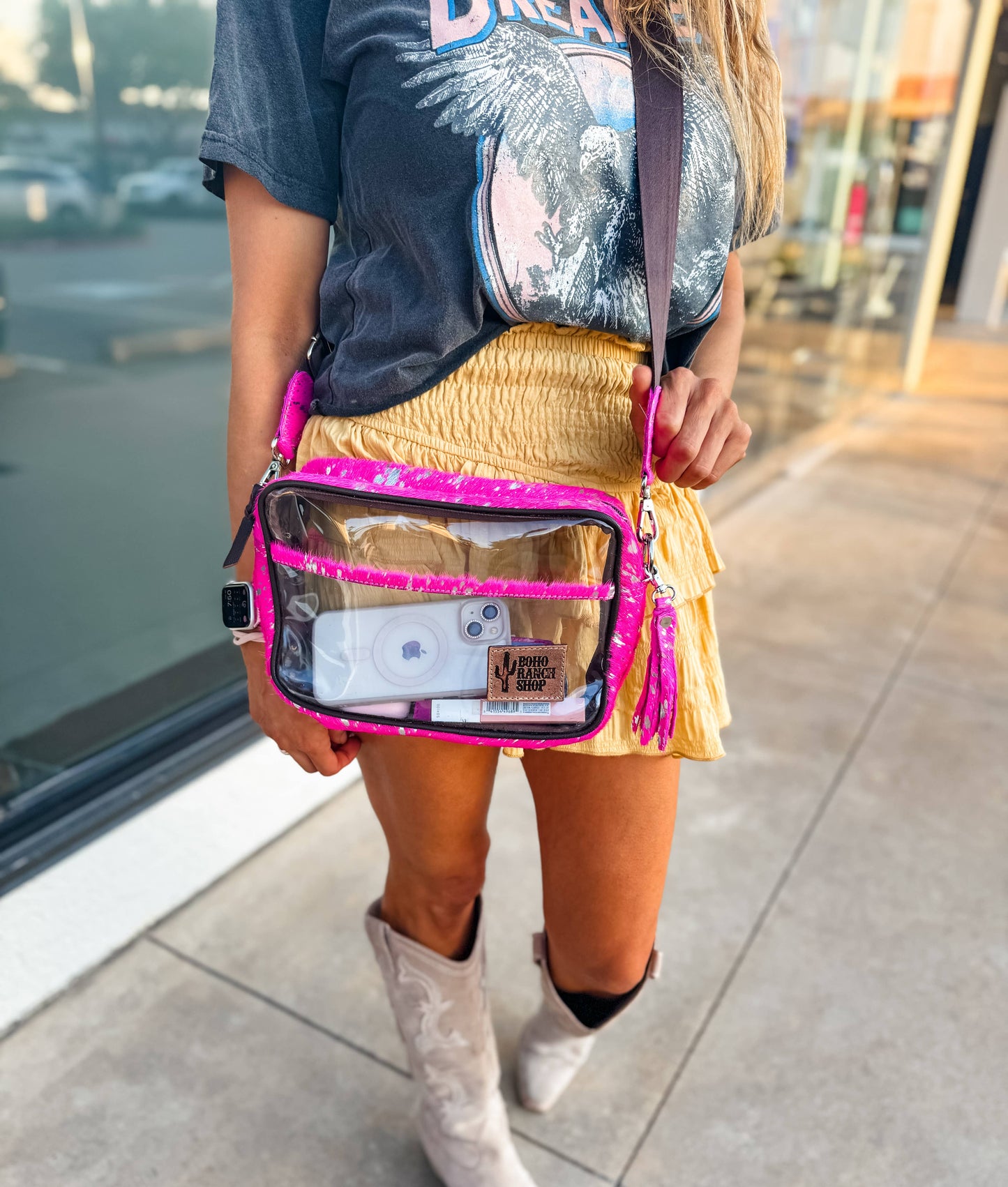 PRISCILLA CLEAR cowhide crossbody purse bag concert festival: PINK + SILVER