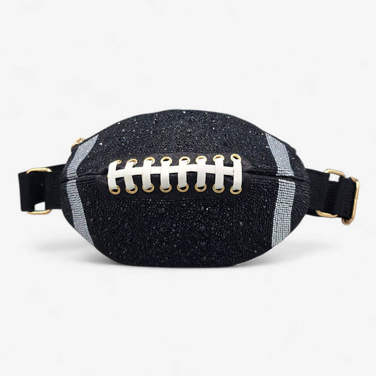Bling Studded Game Day Football Shape Fanny Pack / Sling Bag: Black