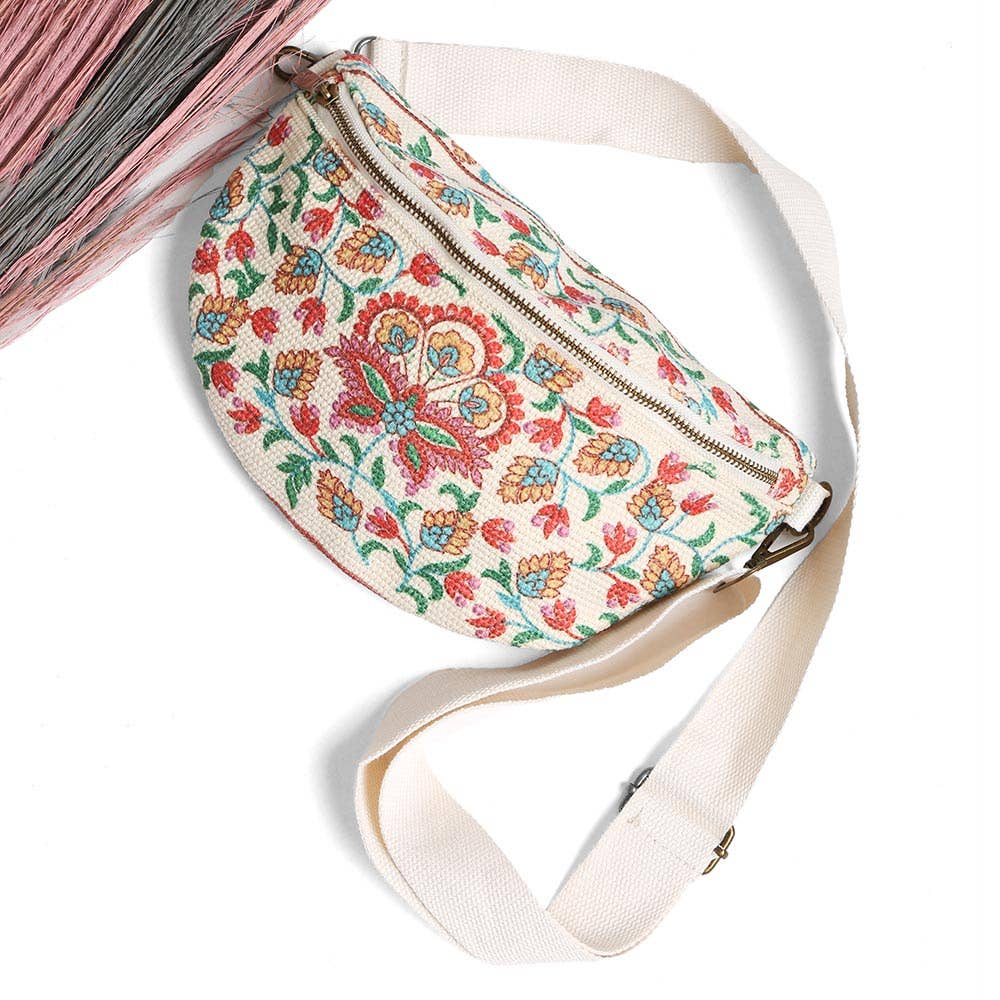 Boho Abstract Embroidered Crossbody Belt Bag / Fanny Pack: Blue