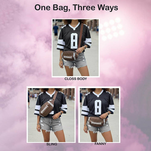 Bling Studded Game Day Football Shape Fanny Pack / Sling Bag: Brown