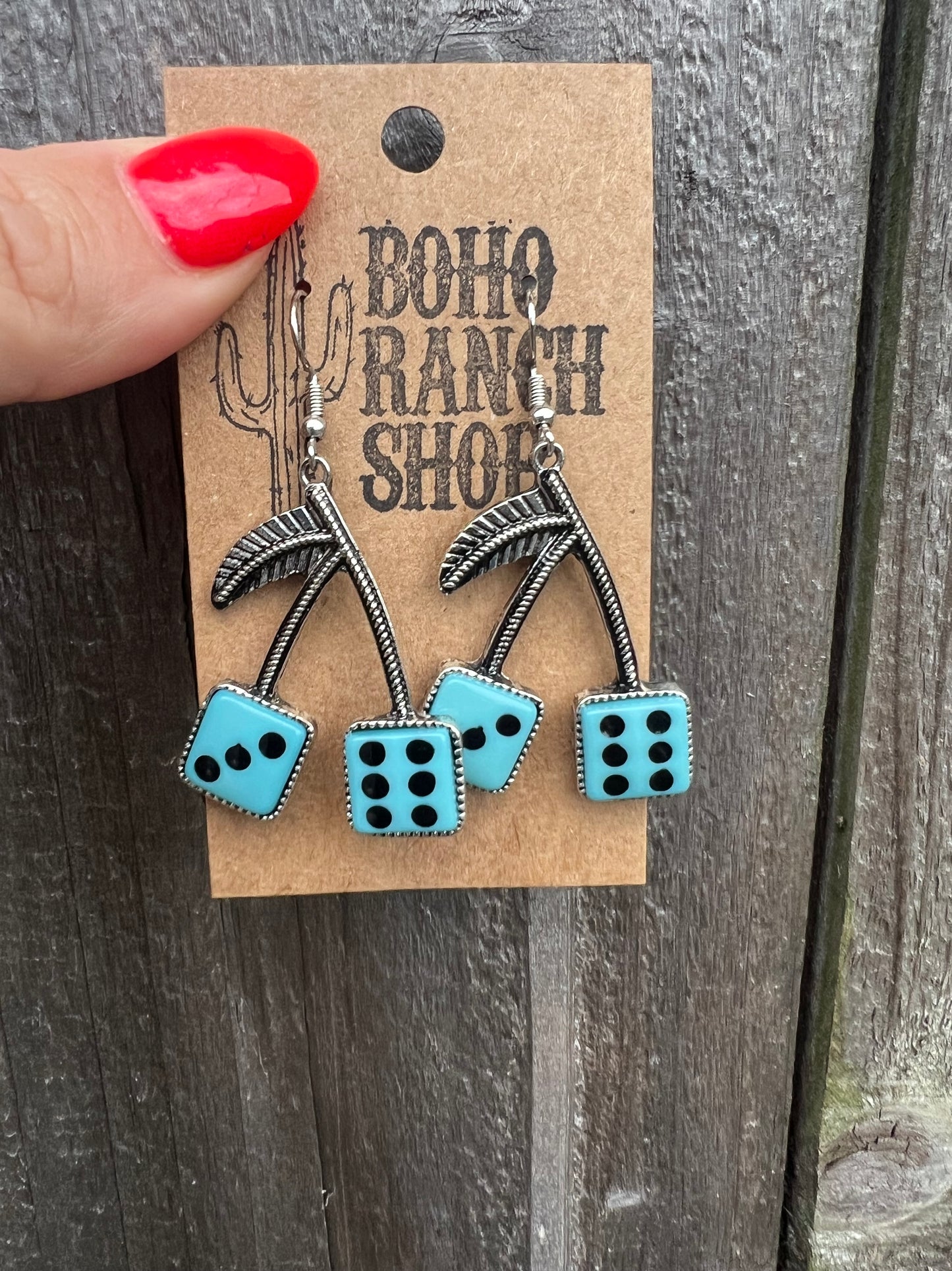 Western Style Cherry with Dice Drop Dangle Earrings: Turquoise