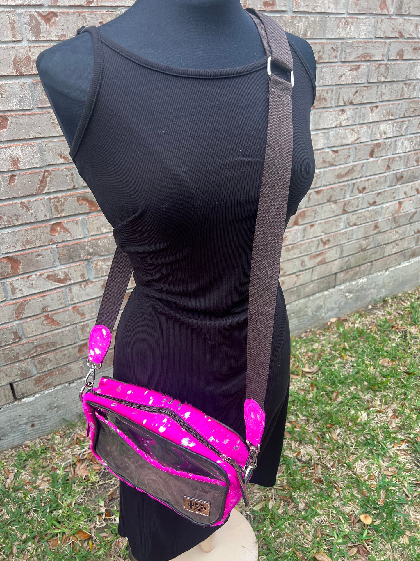 PRISCILLA CLEAR cowhide crossbody purse bag concert festival: PINK + SILVER