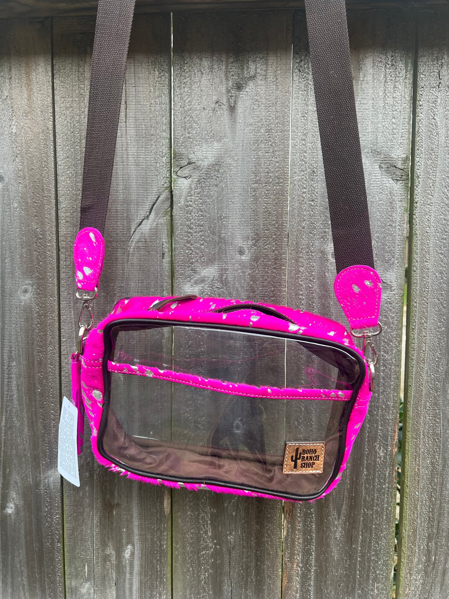 PRISCILLA CLEAR cowhide crossbody purse bag concert festival: PINK + SILVER