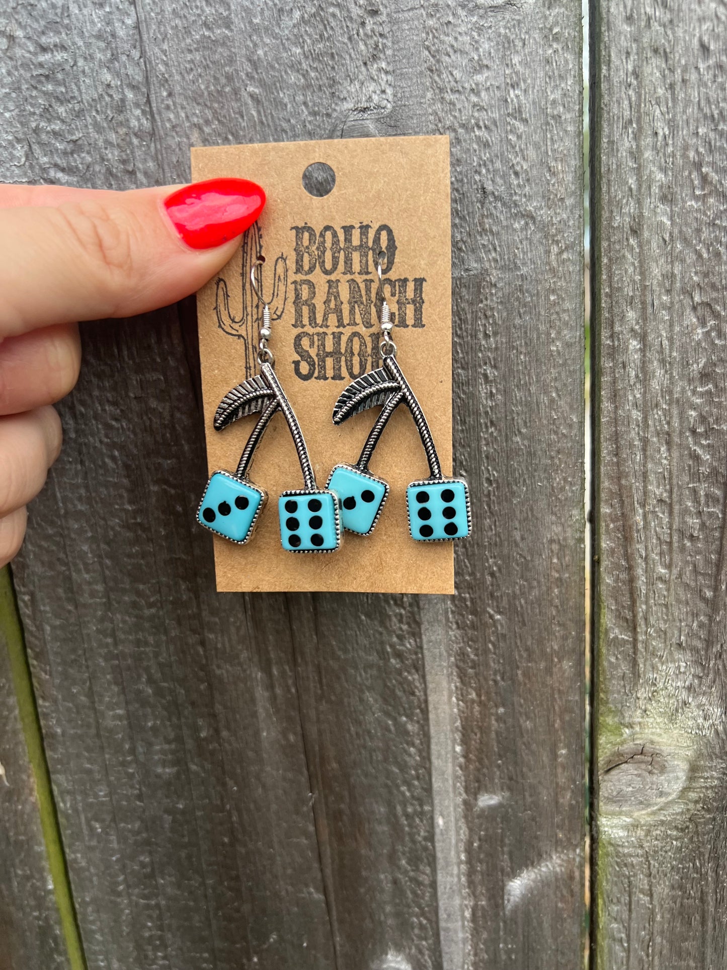 Western Style Cherry with Dice Drop Dangle Earrings: Turquoise