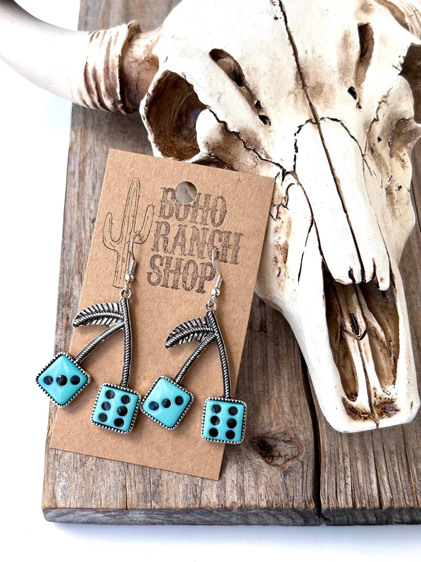 Western Style Cherry with Dice Drop Dangle Earrings: Turquoise