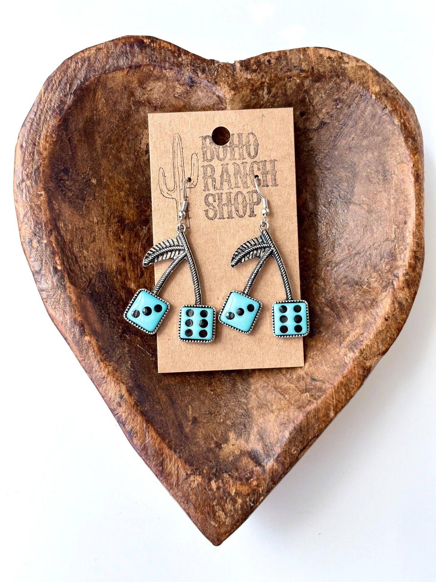 Western Style Cherry with Dice Drop Dangle Earrings: Turquoise