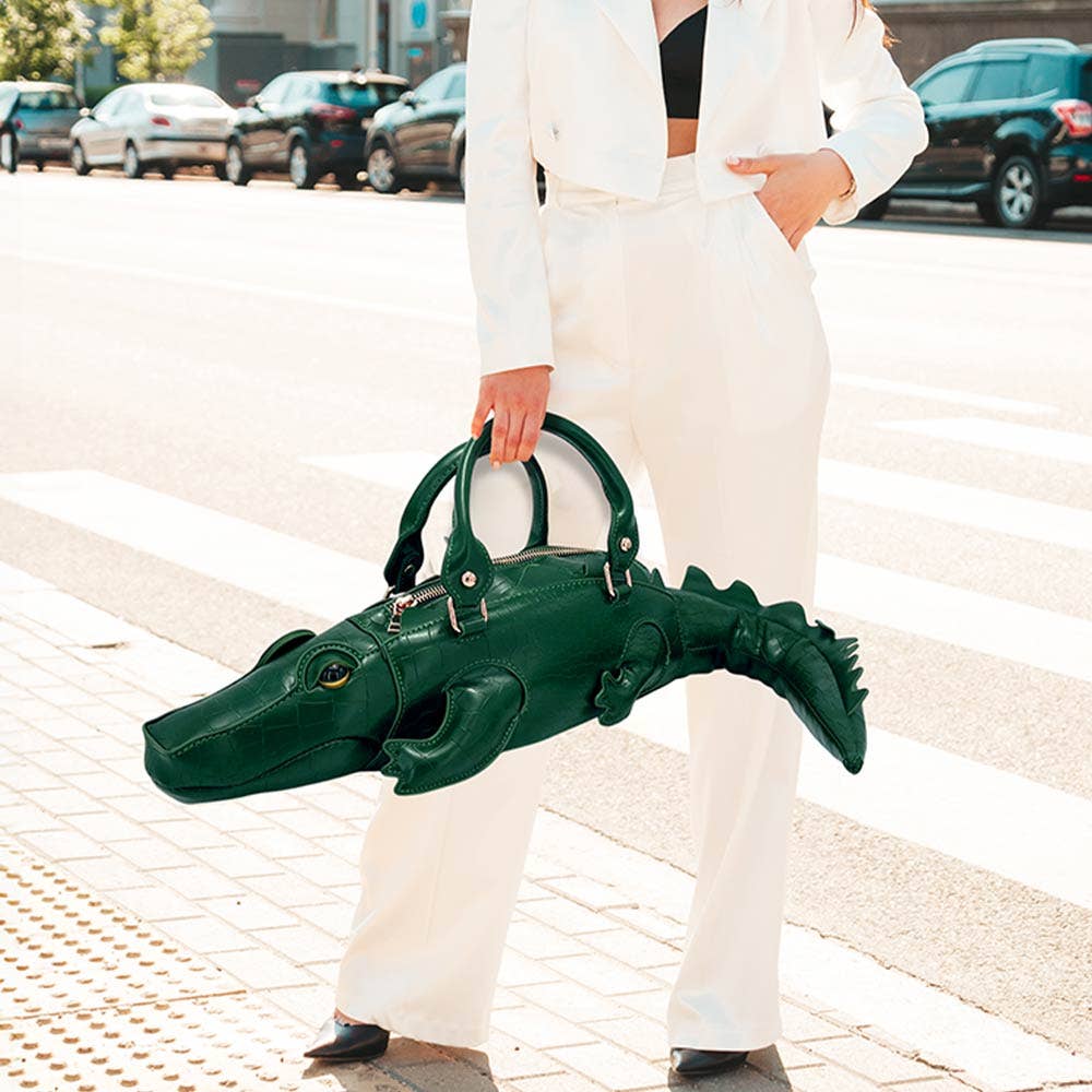 Faux Leather Crocodile Shape Crossbody Handbag: Green