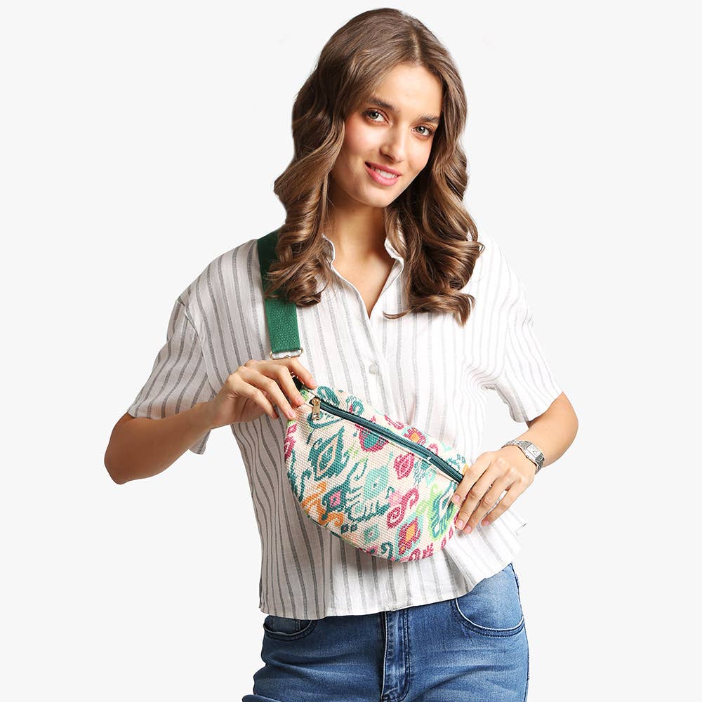 Boho Abstract Embroidered Crossbody Belt Bag / Fanny Pack: Blue