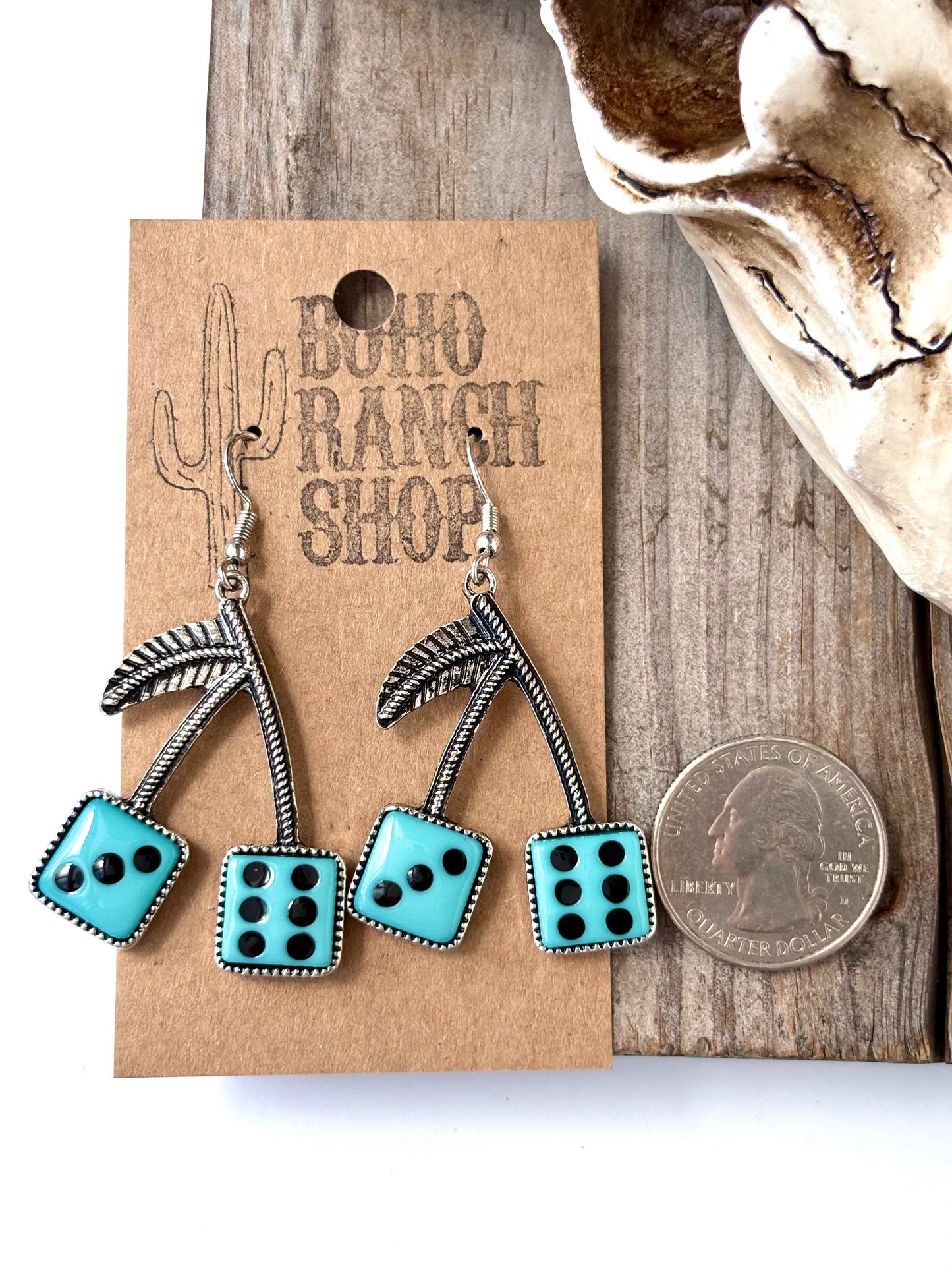 Western Style Cherry with Dice Drop Dangle Earrings: Turquoise