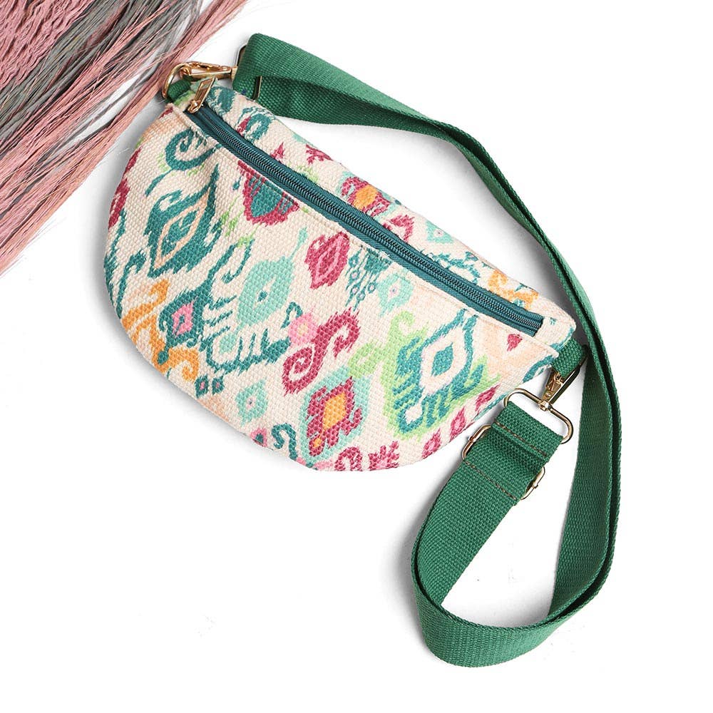 Boho Abstract Embroidered Crossbody Belt Bag / Fanny Pack: Blue