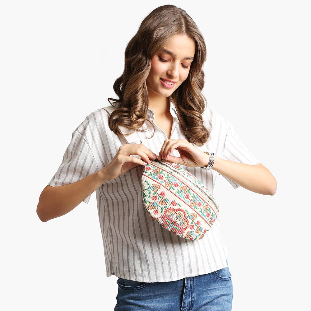 Boho Abstract Embroidered Crossbody Belt Bag / Fanny Pack: Blue