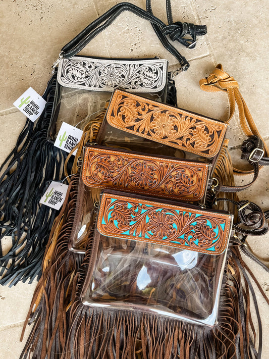 Hand Tooled Clear Purse Crossbody - Concert Game Day Stadium: BROWN/ TURQUOISE