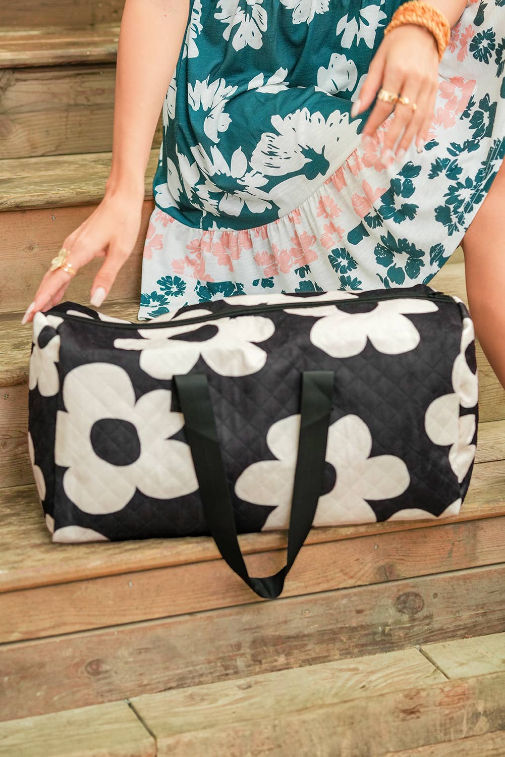 Flower Print Quilted Large Duffel Bag: As shown / Missy / Standard