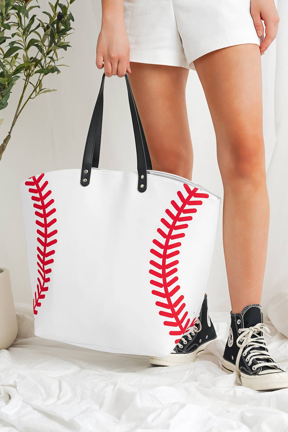 Baseball Pattern Canvas Large Tote Bag: As shown / Missy / Standard