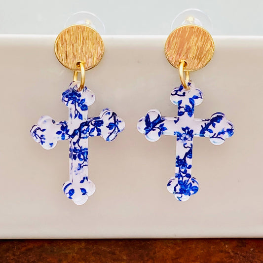Blue & White Floral Cross Earrings